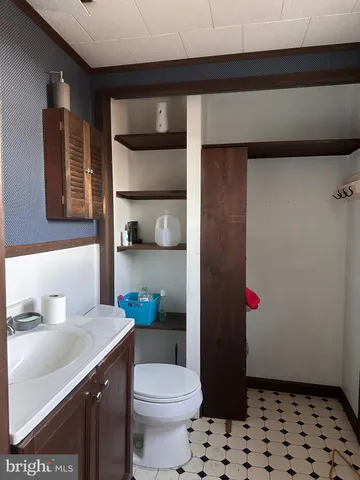 a bathroom with a sink a toilet and shower curtain