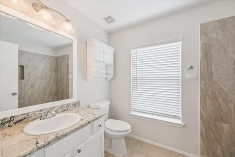 a bathroom with a granite countertop sink toilet and mirror