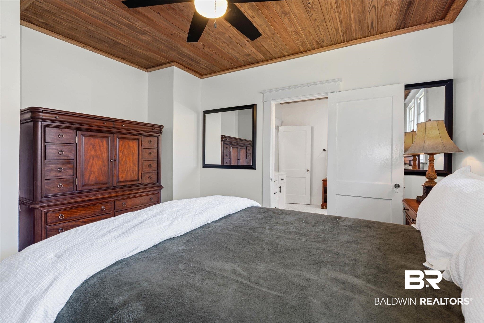 11 South Lafayette Street Mobile, AL 36604 - Photo 11 of 20 Bedroom featuring wood ceiling, a ceiling fan, and crown molding