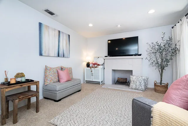 a living room with furniture a flat screen tv and a fireplace