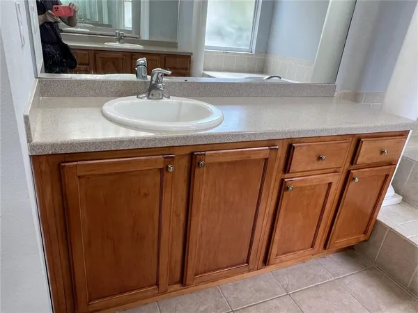a bathroom with a sink and a mirror