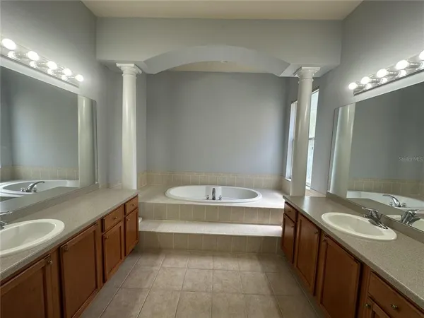 a bathroom with a tub a sink double vanity and a mirror