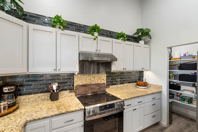 a living room with furniture a rug and a potted plant