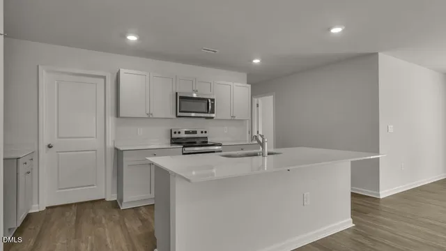 a kitchen with appliances a sink and cabinets