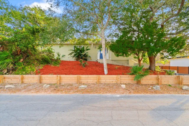 a view of a swimming pool with a lawn chairs and potted plants