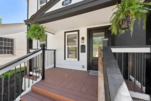 a porch with seating space