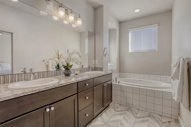 a bathroom with a double vanity sink a large mirror and bathtub