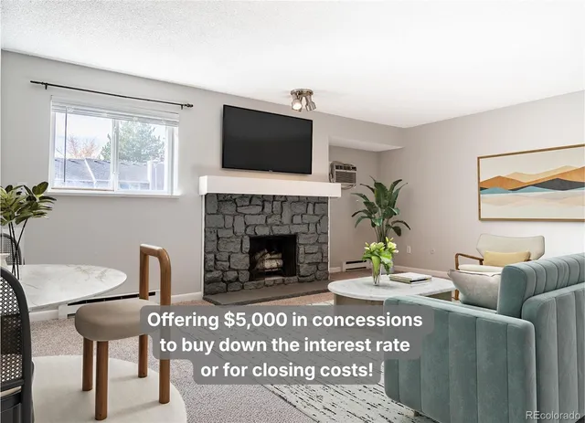 a living room with furniture a flat screen tv and a fireplace