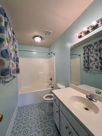 a bathroom with a sink a toilet a mirror and shower