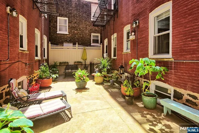 a view of a patio with plants and chairs potted plants