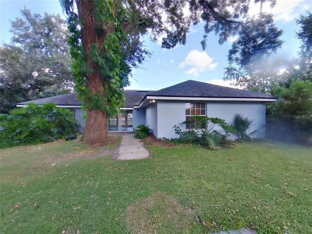 a view of a yard in front of a house with plants and large trees