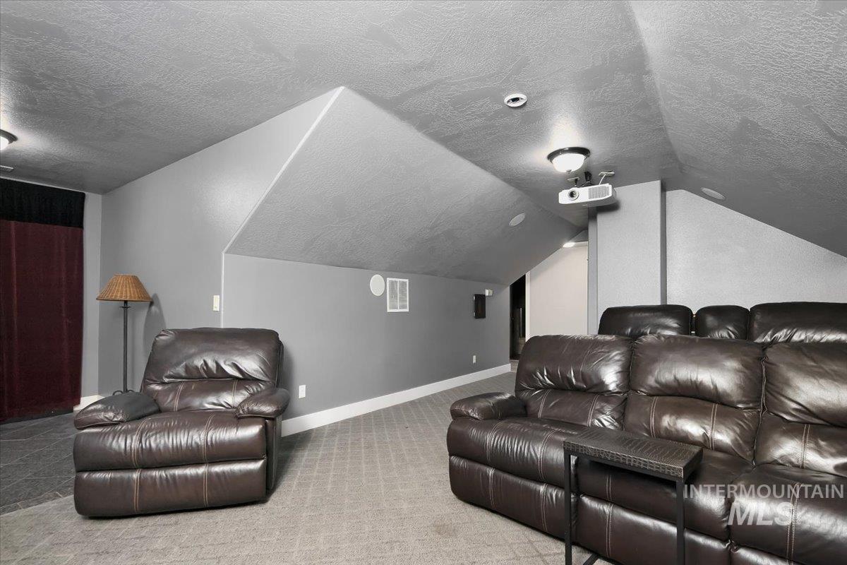 2264 East Comisky Street Meridian, ID 83646 - Photo 36 of 47 Cinema room featuring carpet, a textured ceiling, and lofted ceiling
