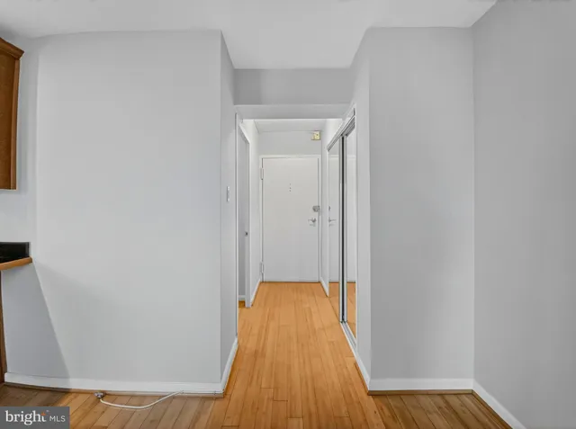 a view of a hallway with wooden floor
