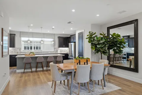 a dining room with furniture potted plants and wooden floor