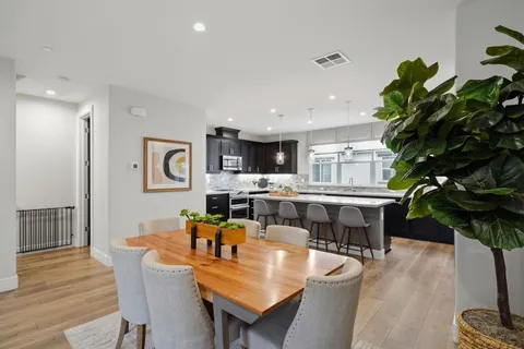 a living room with furniture a potted plant and kitchen view