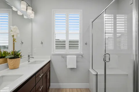 a bathroom with a sink a mirror and a shower