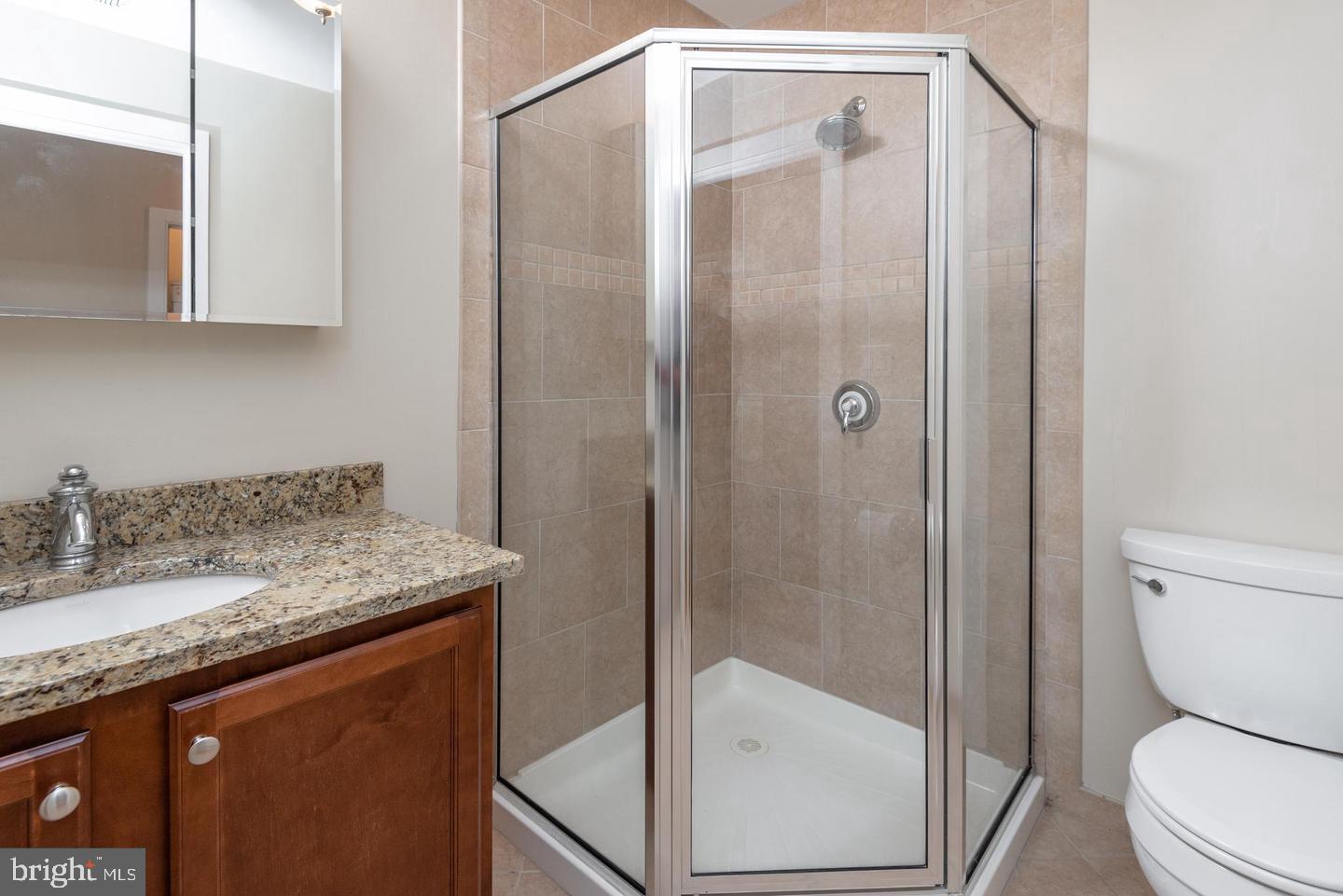 4300 Spruce Street, Unit A102 Philadelphia, PA 19104 - Photo 14 of 16 a bathroom with a granite countertop sink toilet and shower