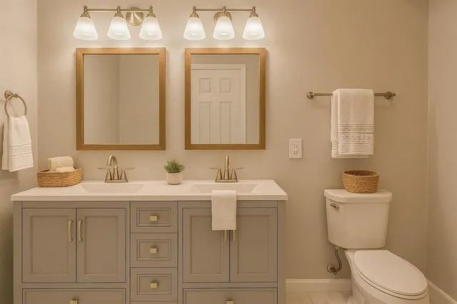 a bathroom with double sink and a toilet