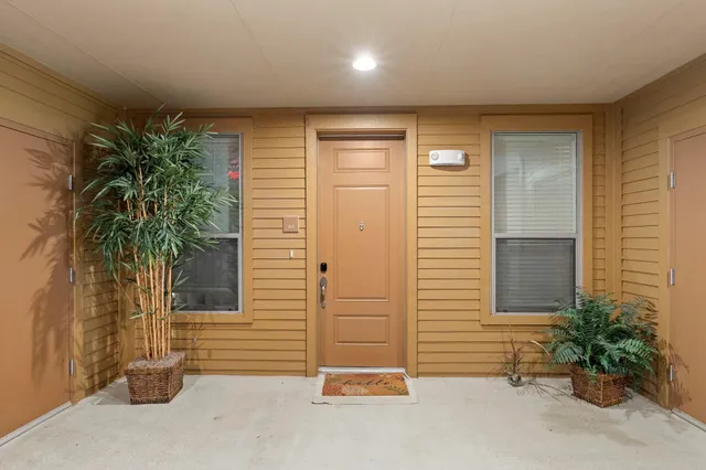 a view of a house with a potted plant and a window