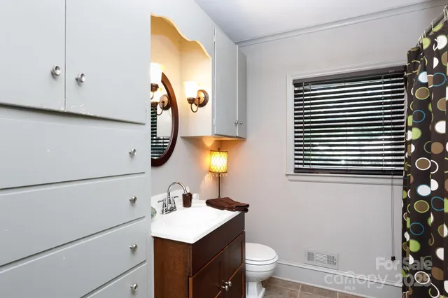 a bathroom with a sink vanity mirror and toilet