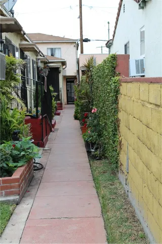 a view of a house with potted plants