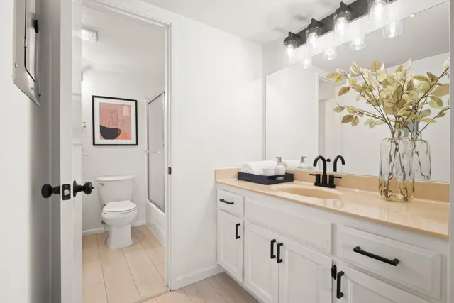 a bathroom with a sink a toilet and a mirror