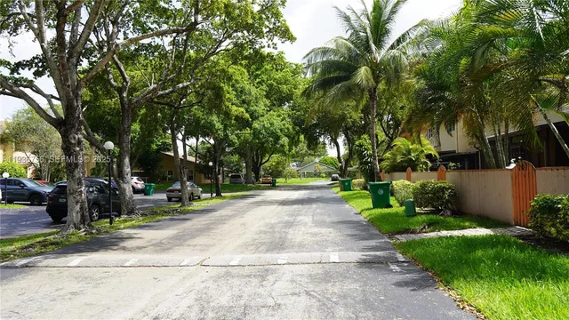 a view of a park with plants and trees