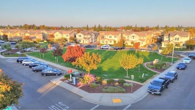 an outdoor space with furniture