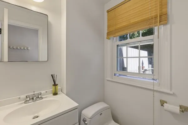 a bathroom with a sink mirror and toilet
