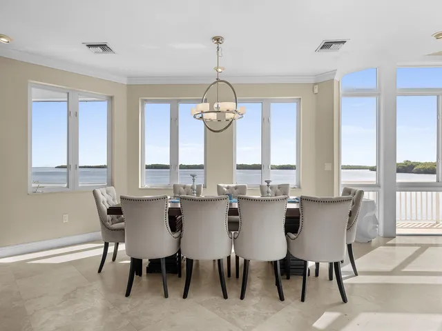 a view of a dining room with furniture window and outside view