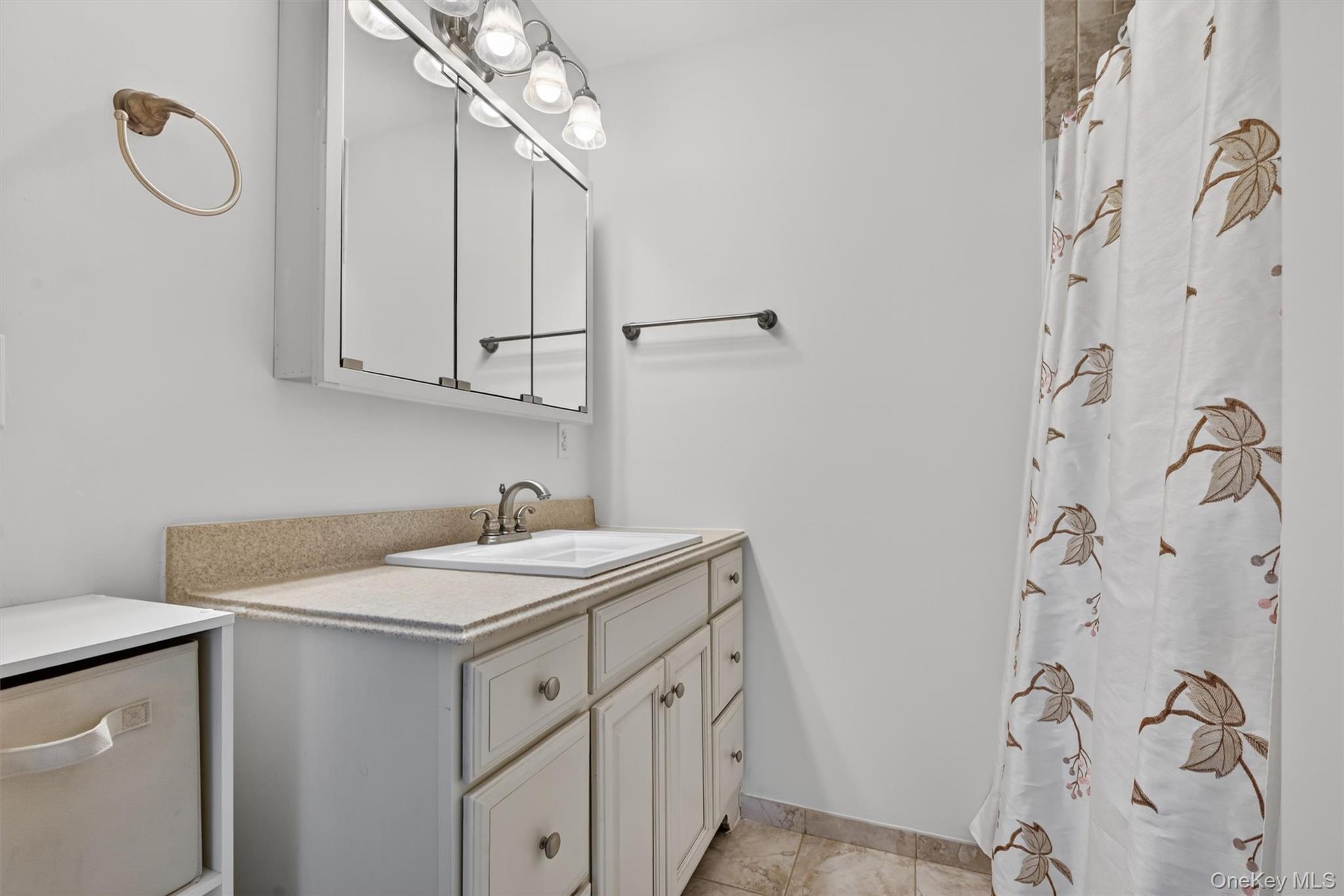 47 Still Road Westtown, NY 10998 - Photo 31 of 49 The primary bathroom features a vanity with a countertop and an integrated sink, illuminated by a light fixture above a mirrored medicine cabinet and a walk-in shower.