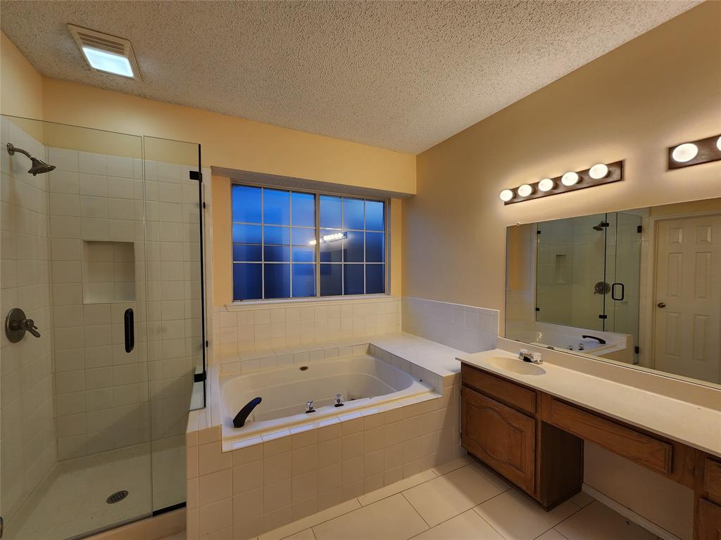 2413 Timber Ridge Lane Flower Mound, TX 75028 - Photo 14 of 32 Bathroom featuring a glass-enclosed shower with a built-in niche, a tiled soaking tub with a window, a vanity with a single sink, an expansive mirror, and overhead lighting