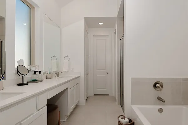 a bathroom with a double vanity sink mirror and bathtub