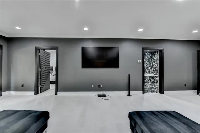 a view of a balcony with wooden floor