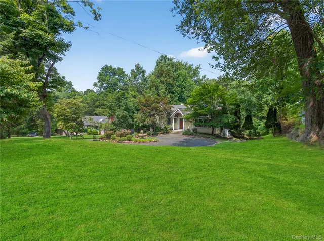 a view of a park with large trees