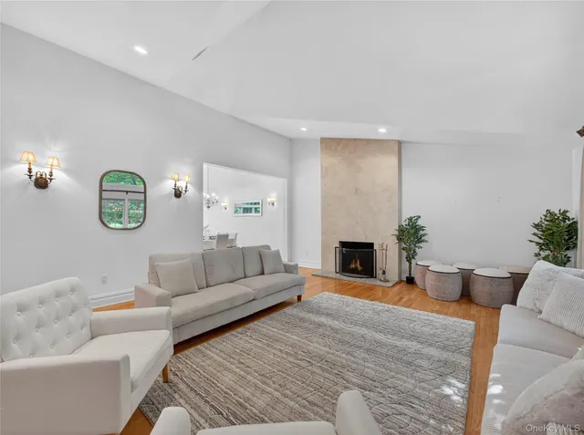 a living room with furniture a fireplace and a potted plant