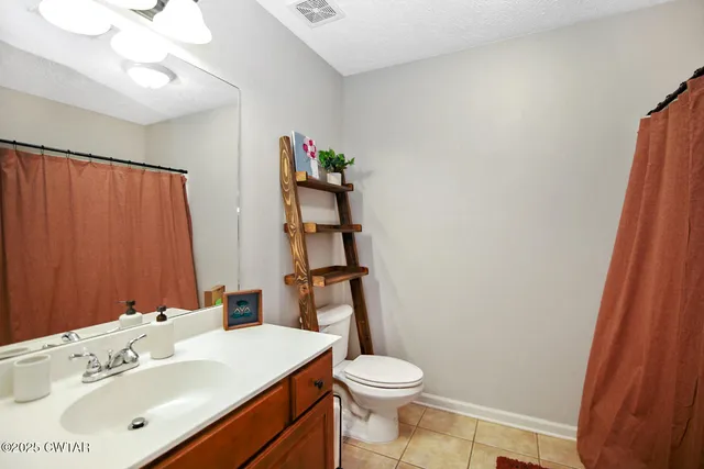 a bathroom with a sink a toilet and shower curtain