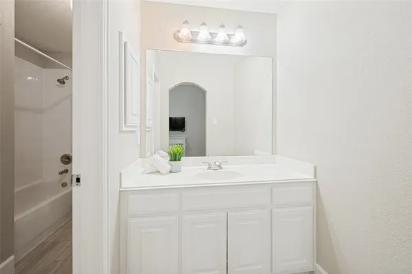 a bathroom with a sink vanity and a mirror