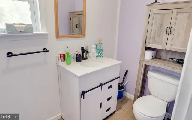 a bathroom with a toilet a sink and a mirror