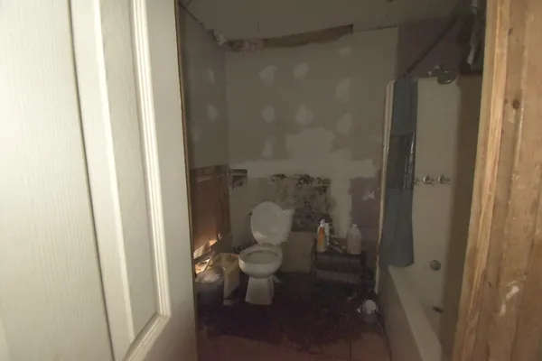 a bathroom with a toilet and a shower