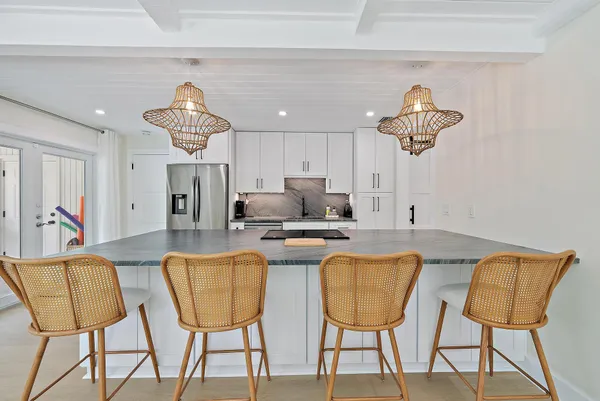 a view of a dining room with furniture