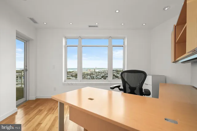 a view of a city from a living room