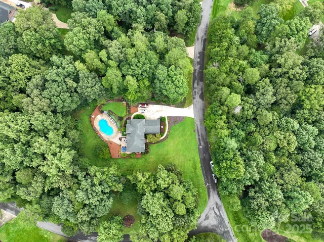 an aerial view of green landscape with trees houses and lake view
