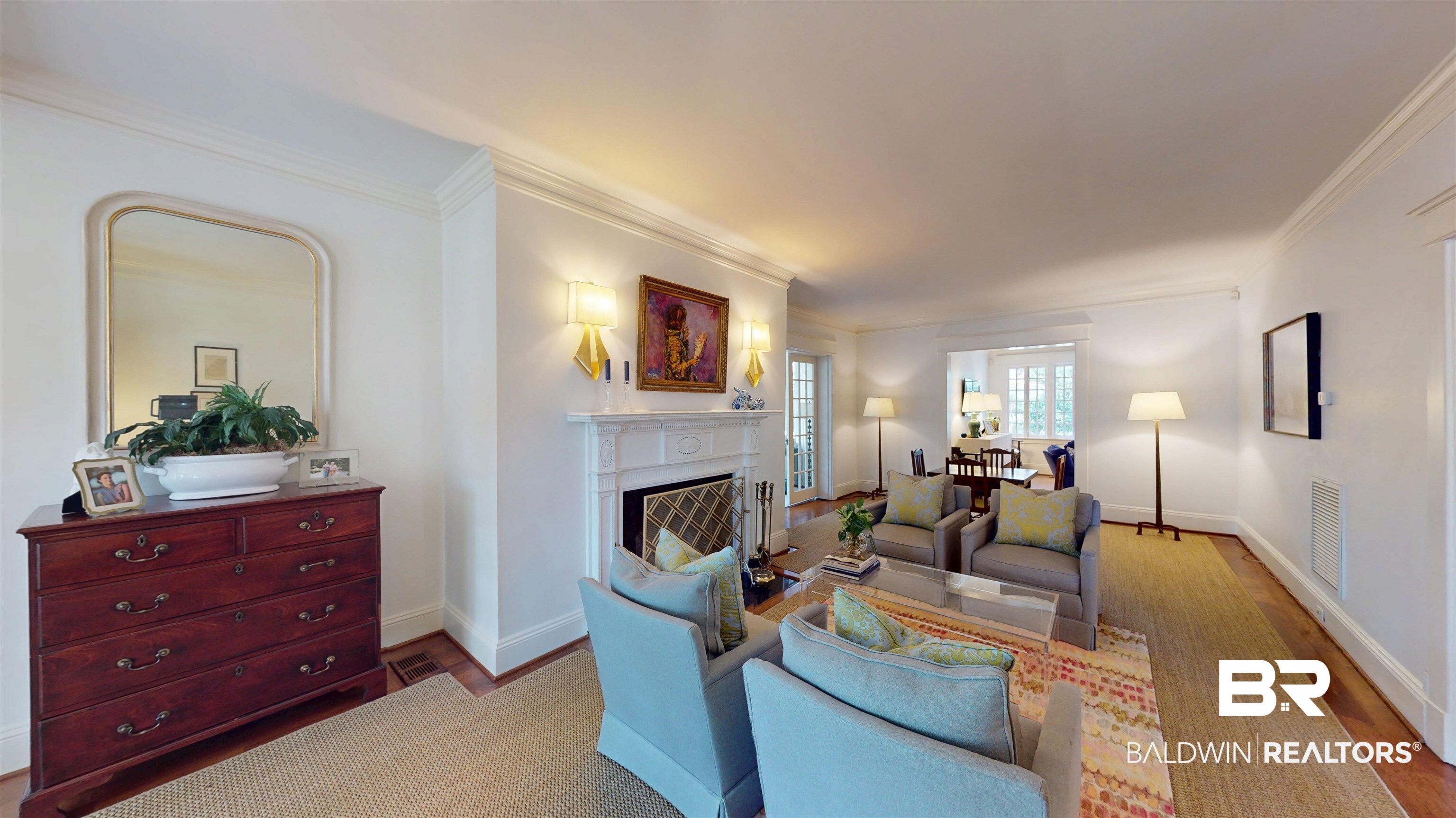 211 Lanier Avenue Mobile, AL 36607 - Photo 11 of 73 Living area featuring wood finished floors, ornamental molding, and a fireplace