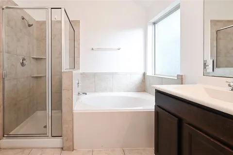 a bathroom with a bathtub and a shower