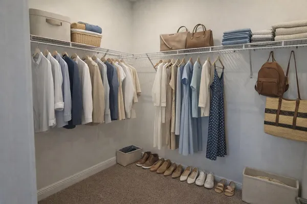 a view of walk in closet with clothes and shoes