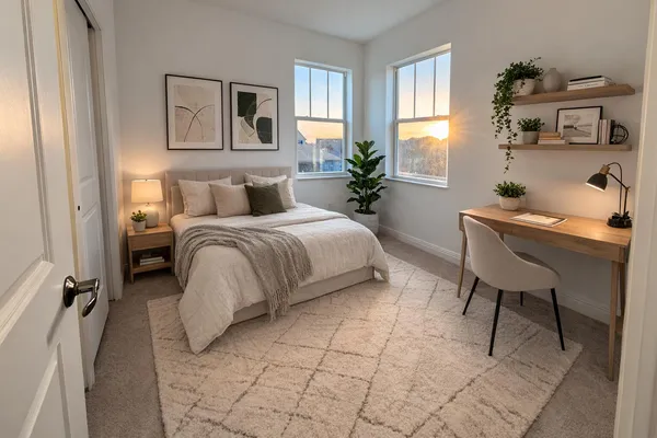 a bedroom with a bed and a table in it