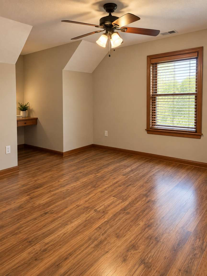 21800 East 450th Road Claremore, OK 74019 - Photo 19 of 23 Wood-finish flooring, built-in desk, ceiling fan with light fixture, window with wood trim and blinds