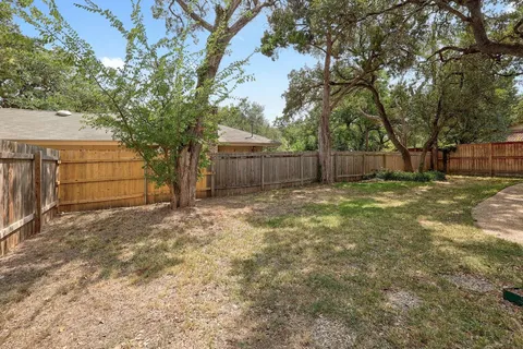 a view of a backyard with a large tree