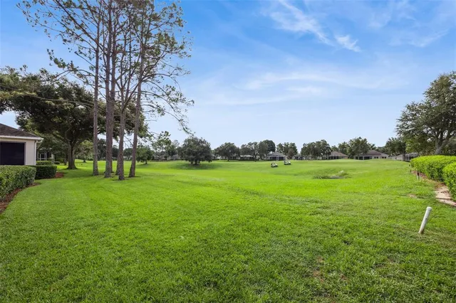 a view of swimming pool with lawn chairs and flower plants